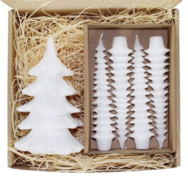 Świece na prezent świąteczny choinka 15 cm i stroikowa białe