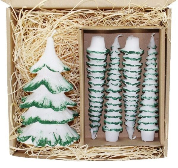 Świece na prezent świąteczny choinka 15 cm i stroikowa zielone